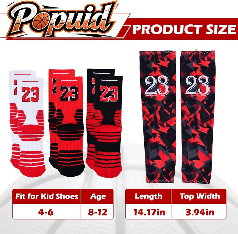 Popuid Youth Boys Basketball Crew Socks with Arm Sleeves, Lucky Number Thickened Sports Socks for Kids Team Uniform Gifts - Image 3